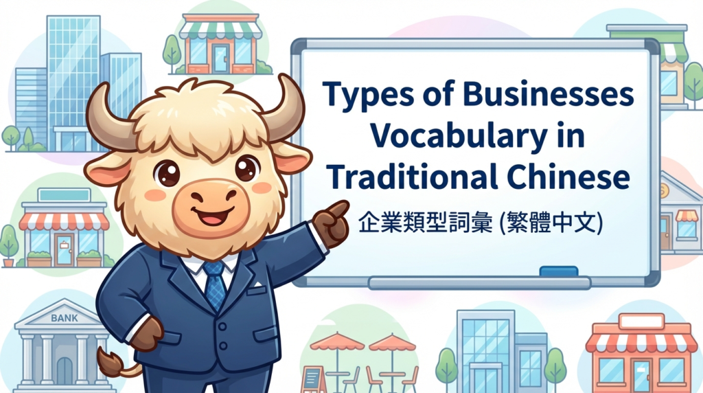 A yak teacher pointing to a board that says Types of Businesses Vocabulary in traditional Chinese