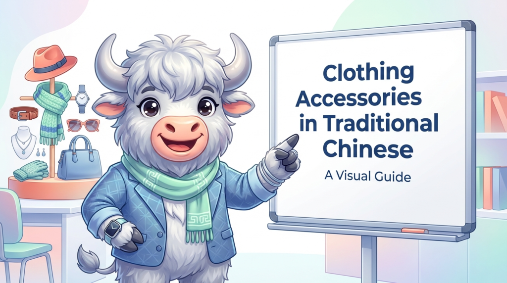 A personified yak teacher pointing to a whiteboard that says Clothing Accessories in Traditional Chinese.