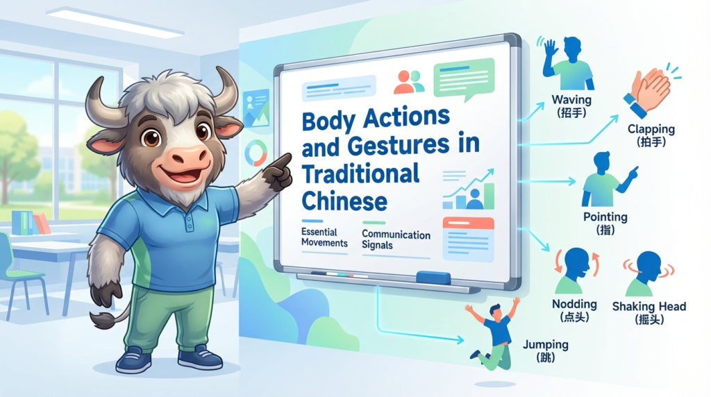 A personified yak teacher pointing to a whiteboard that says Body Actions and Gestures in Traditional Chinese.