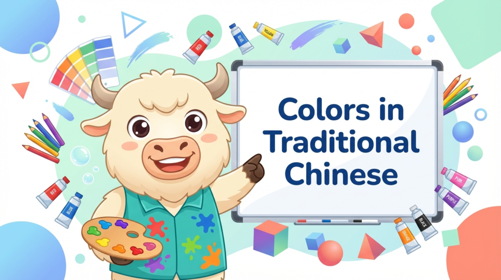 A personified yak teacher pointing to a whiteboard that says Colors in Traditional Chinese.