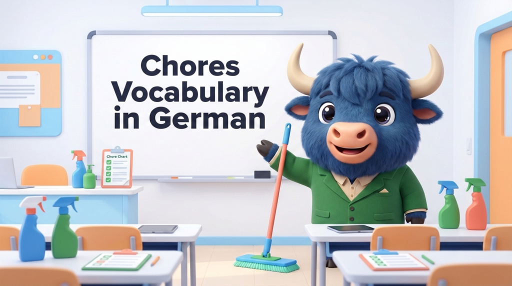 a yak teacher points to a whiteboard that says Chores Vocabulary in German