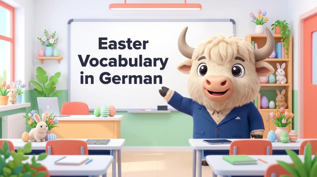 a yak teacher pointing to a whiteboard that says Easter Vocabulary in German