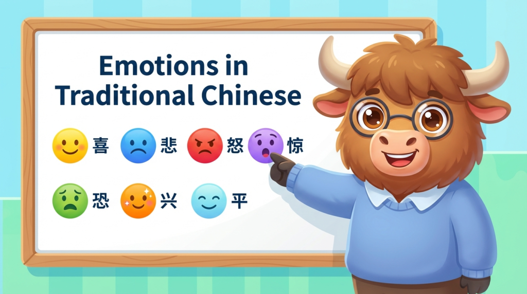 A personified yak teacher pointing to a whiteboard that says Emotions in Traditional Chinese.