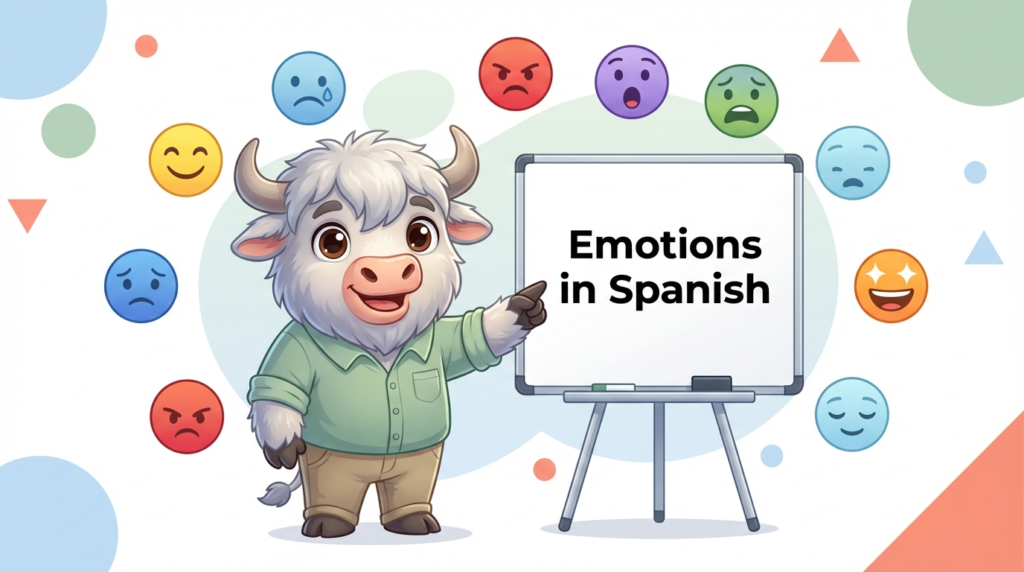 A yak teacher pointing to a whiteboard that displays the article title Emotions in Spanish