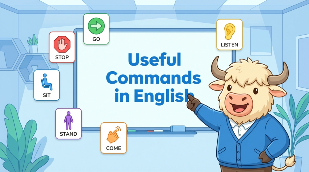 An English teaching yak points to a whiteboard that says 90 Useful Commands in English.