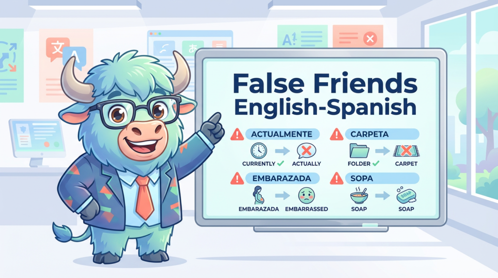 A yak teacher pointing to a whiteboard that displays “False Friends English–Spanish: 75 Tricky Words + 14 Real-Life Phrases