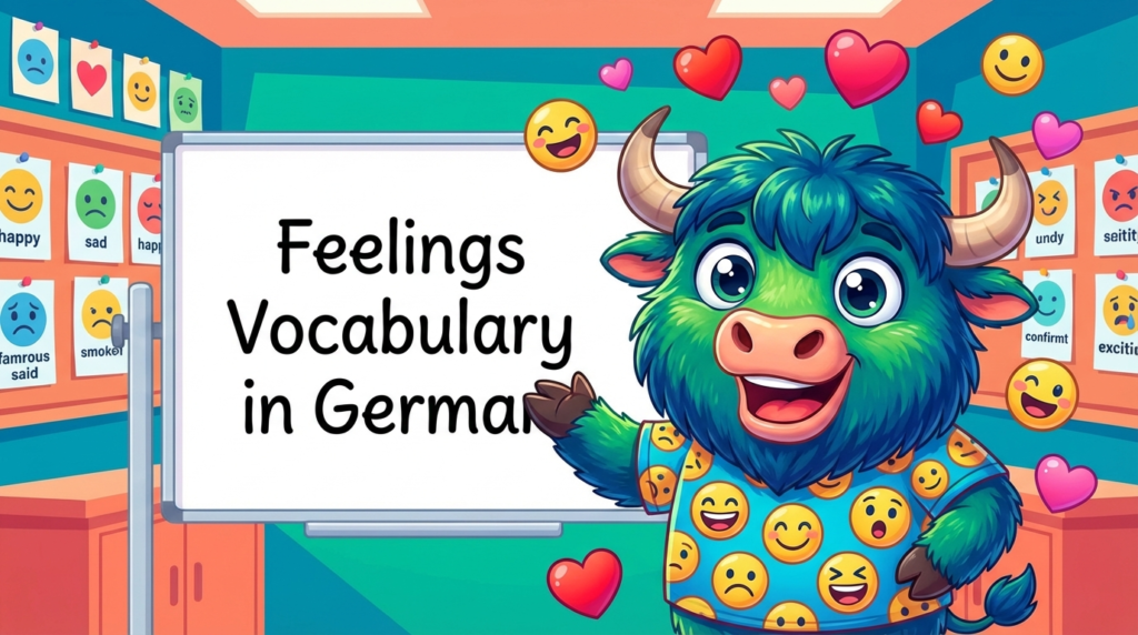 A yak teacher points to a whiteboard that says Feelings Vocabulary in German