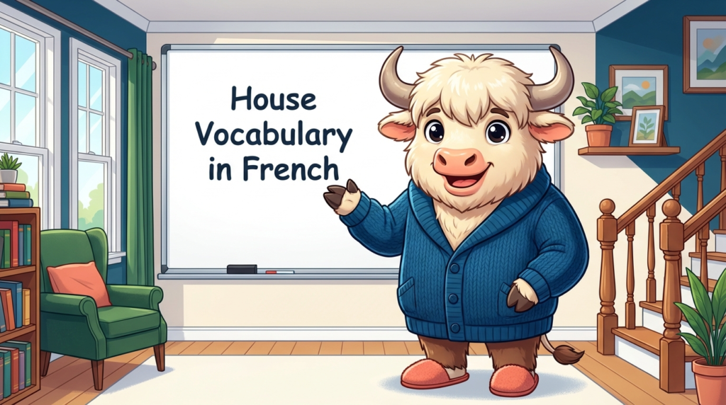 A yak teacher pointing to a whiteboard that displays the article title: House Vocabulary in French