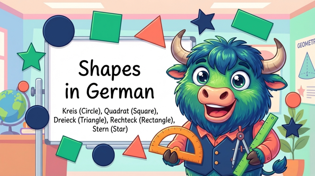 A yak teacher pointing to a whiteboard that says Shapes in German