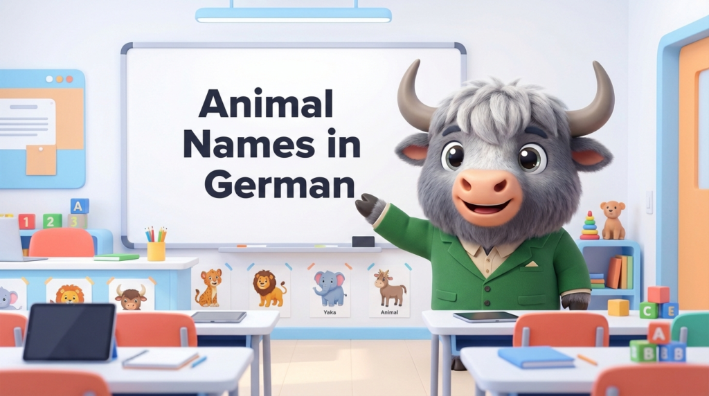 a yak teacher points at a whiteboard that says Animal Names in German