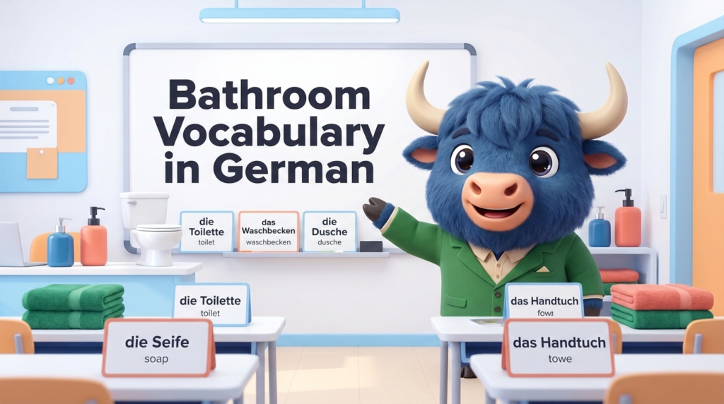 a yak teacher points to a whiteboard that says Bathroom Vocabulary in German