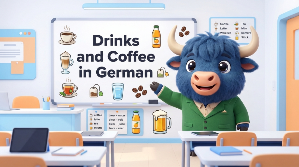 A yak teacher pointing to a whiteboard that says Drinks and Coffee in German