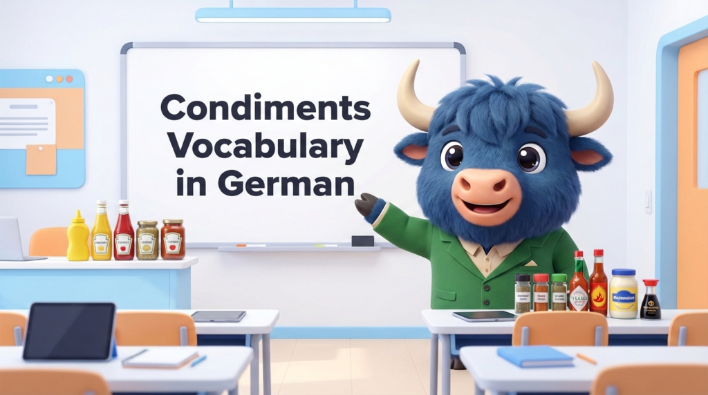 A yak teacher pointing to a whiteboard that says Condiments in German