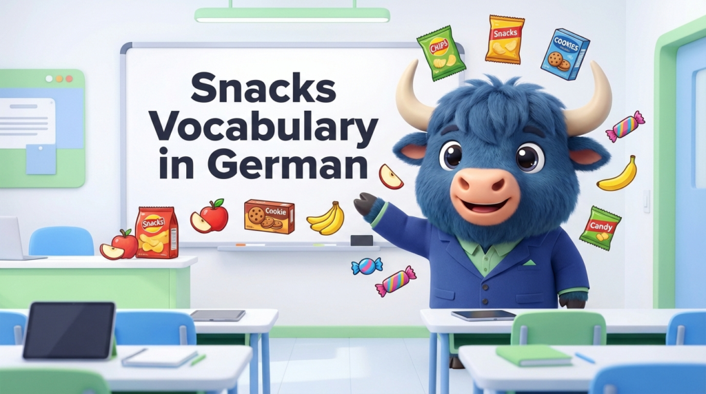 A yak teacher pointing to a whiteboard that says Snacks Vocabulary in German