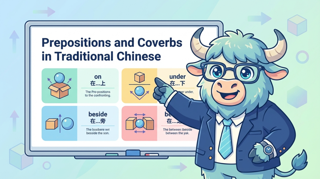 A personified yak teacher pointing to a whiteboard that says Traditional Chinese Coverbs & Prepositions