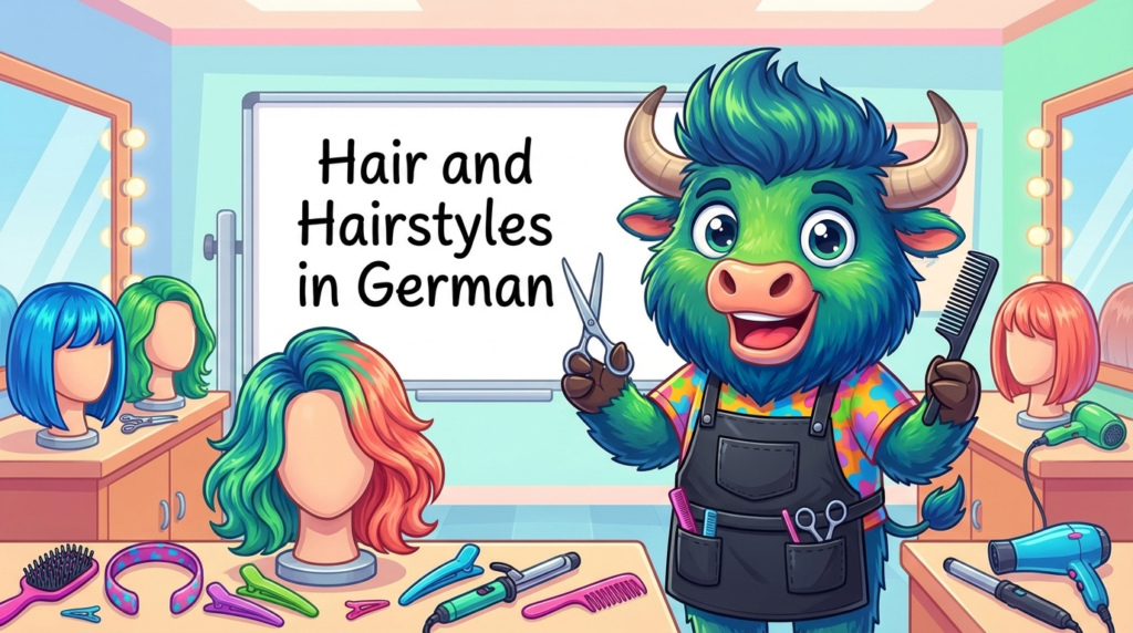A yak teacher points to a whiteboard that says Hair and Hairstyles in German