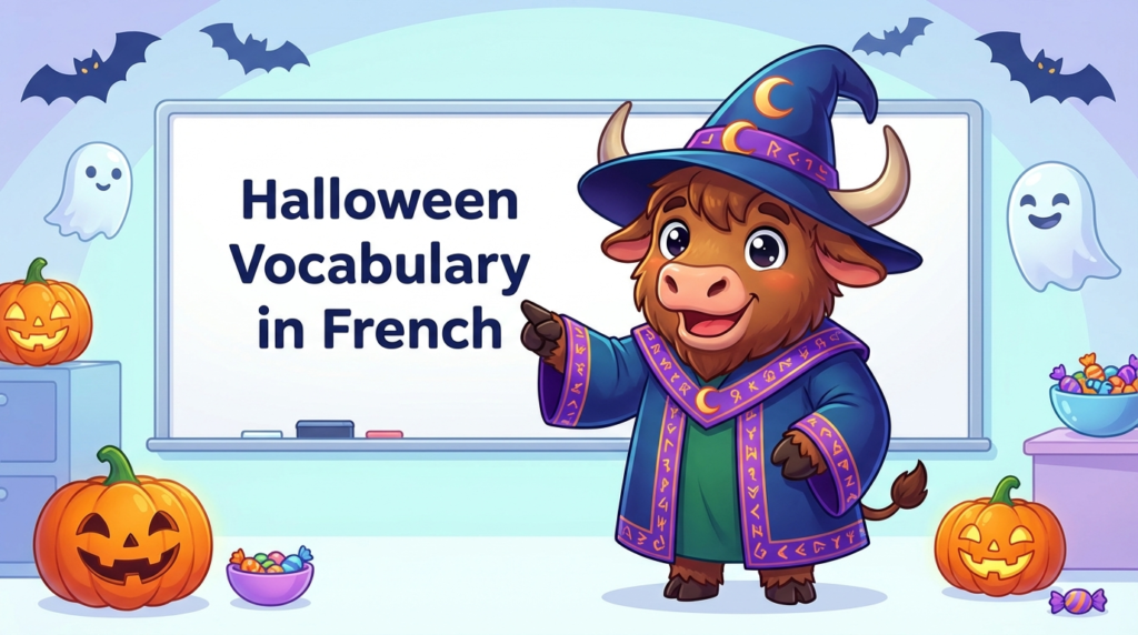 A yak teacher pointing to a whiteboard that displays the article title French Halloween Vocabulary