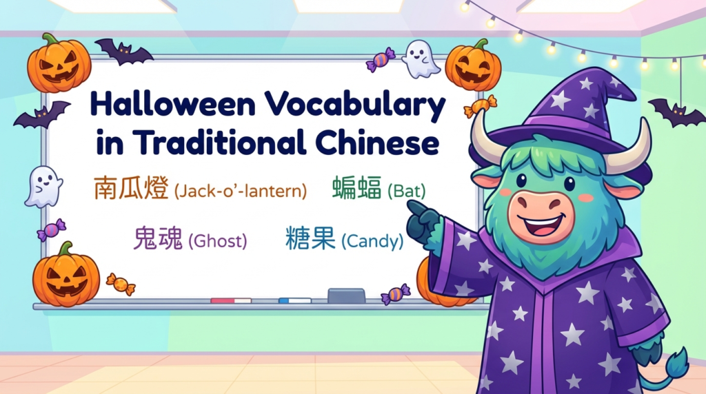 A personified yak teacher pointing to a whiteboard that says Halloween Vocabulary in Traditional Chinese