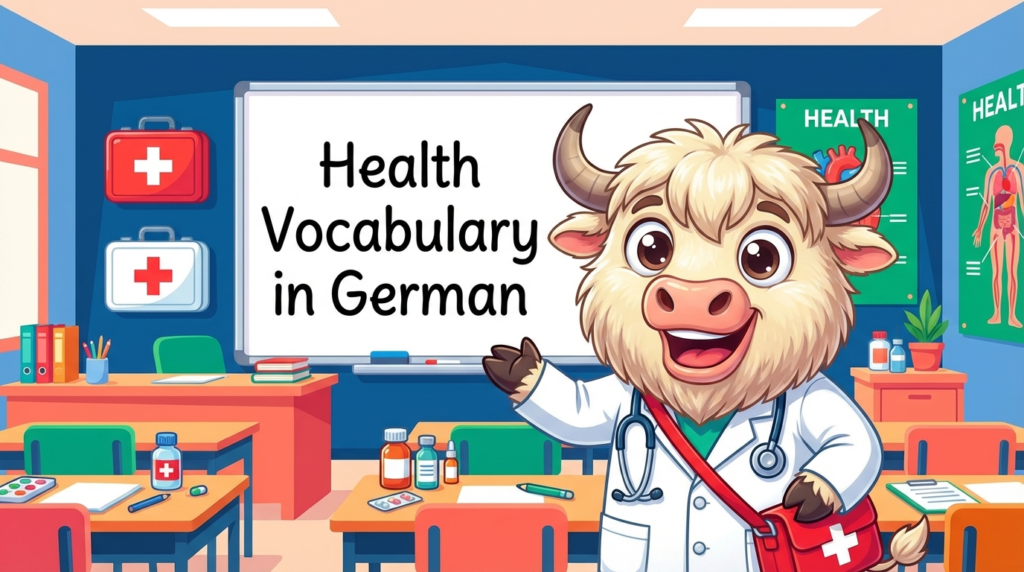 A yak teacher pointing to a whiteboard that says Health Vocabulary in German