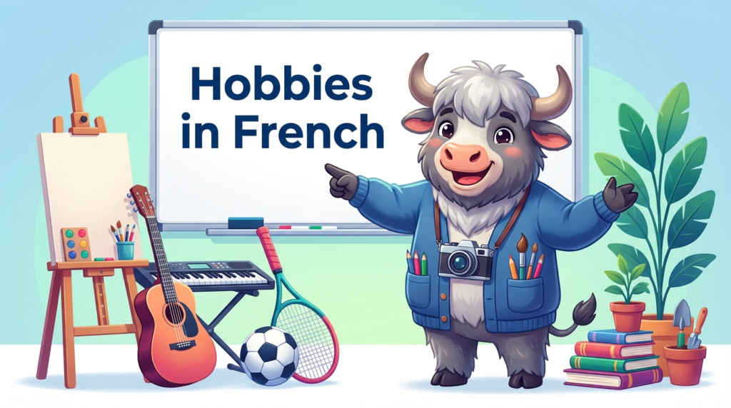 A yak teacher pointing to a whiteboard that displays French Hobbies