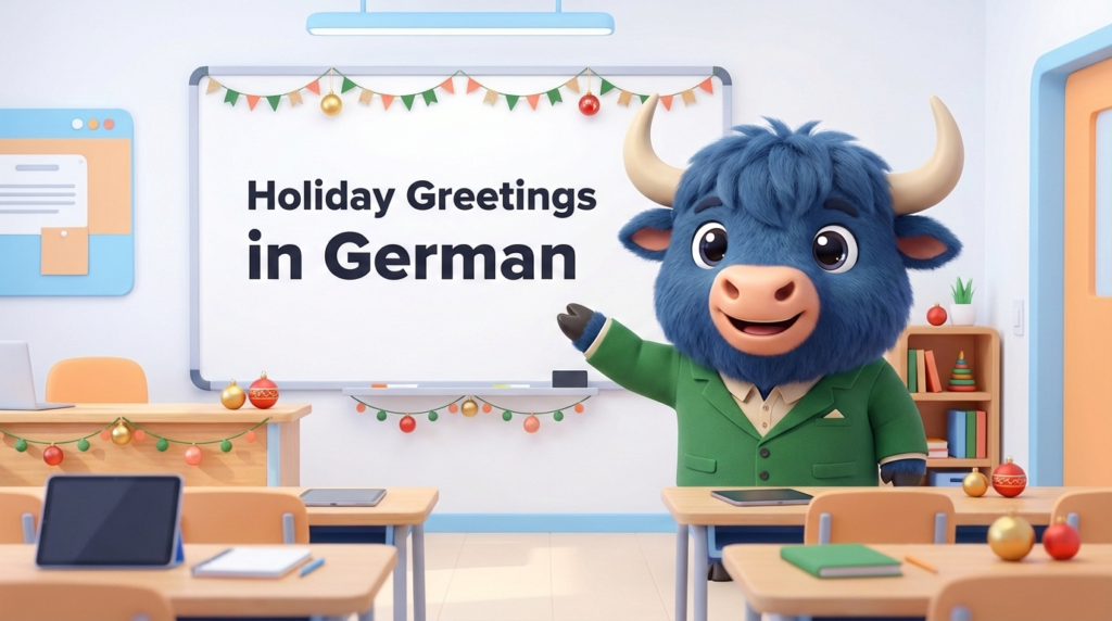 a yak teacher pointing to a whiteboard that says Christmas Vocabulary in German