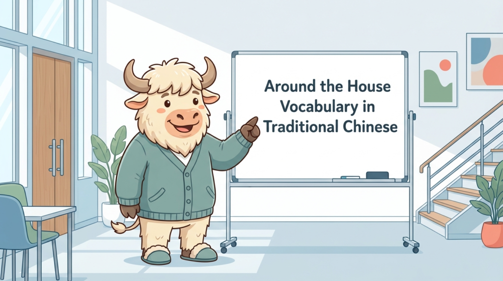 A personified yak teacher pointing to a whiteboard that says Around the House Vocabulary in Traditional Chinese