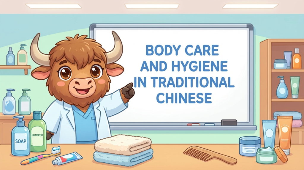 A personified yak teacher pointing to a whiteboard that says Body Care and Hygiene in Traditional Chinese.