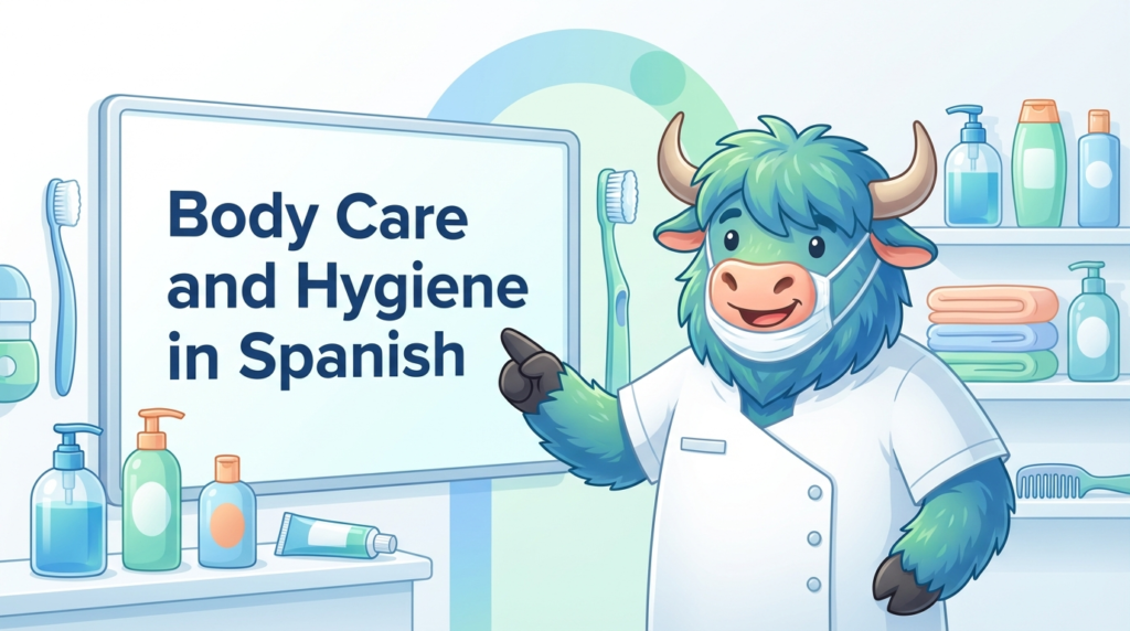 A yak teacher pointing to a whiteboard that says Body Care & Hygiene in Spanish: 95 Beginner-Friendly Words & Phrases