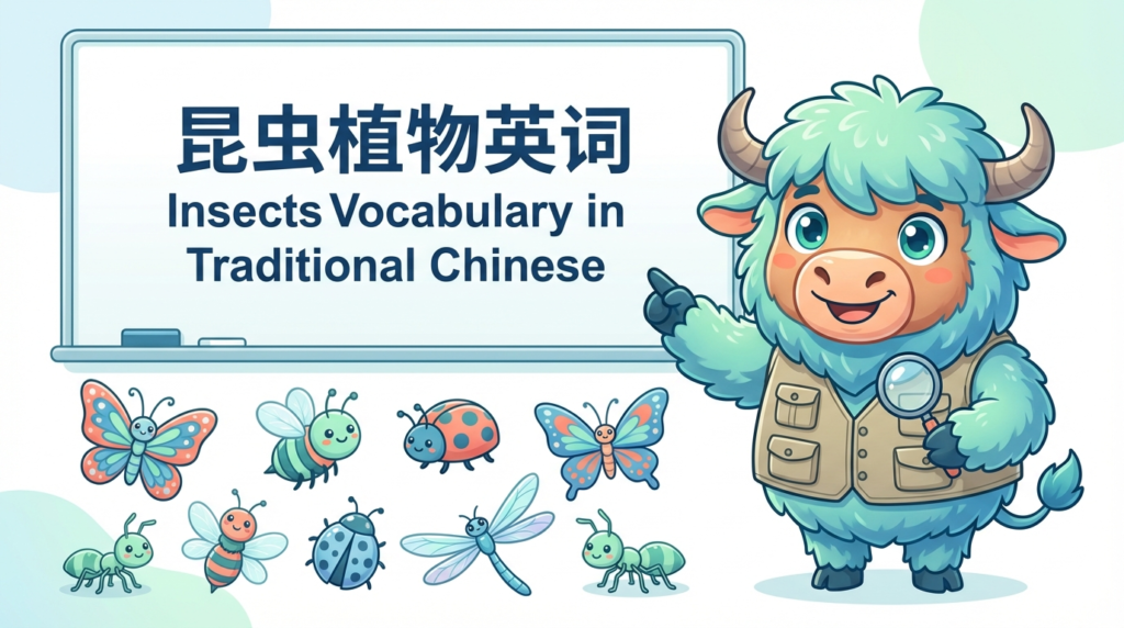 A personified yak teacher pointing to a whiteboard that says Insects Vocabulary in Traditional Chinese