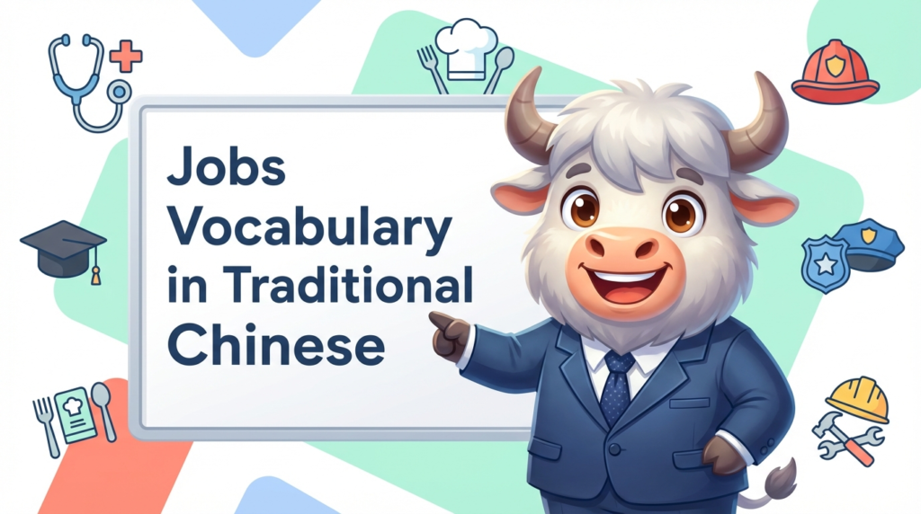 A personified yak teacher pointing to a whiteboard that says Jobs Vocabulary in Traditional Chinese.