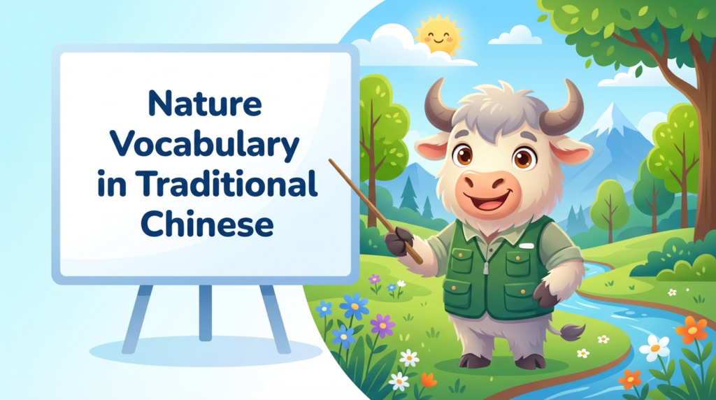 A personified yak teacher pointing to a whiteboard that says Nature Vocabulary in Traditional Chinese
