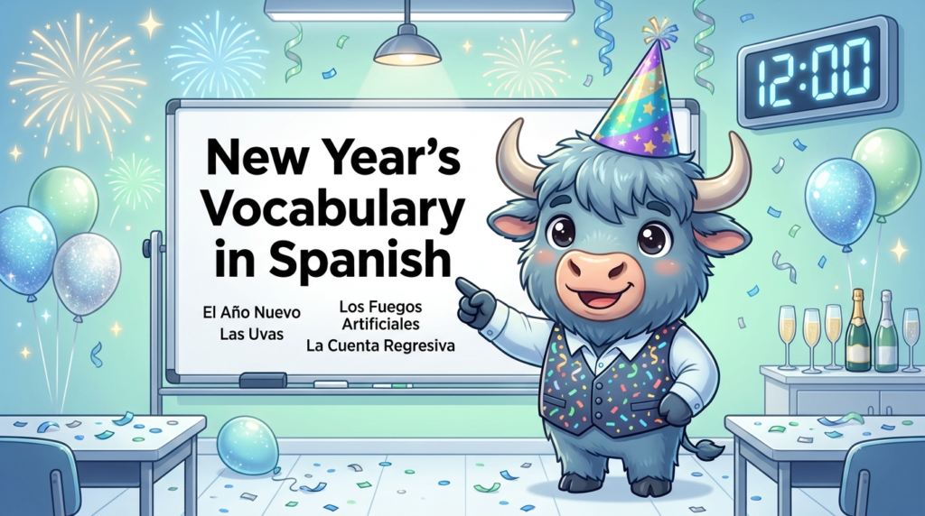 A yak teacher pointing to a whiteboard that displays “New Year’s Spanish Vocabulary