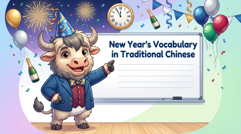 A personified yak teacher pointing to a whiteboard that says New Year's Vocabulary in Traditional Chinese.