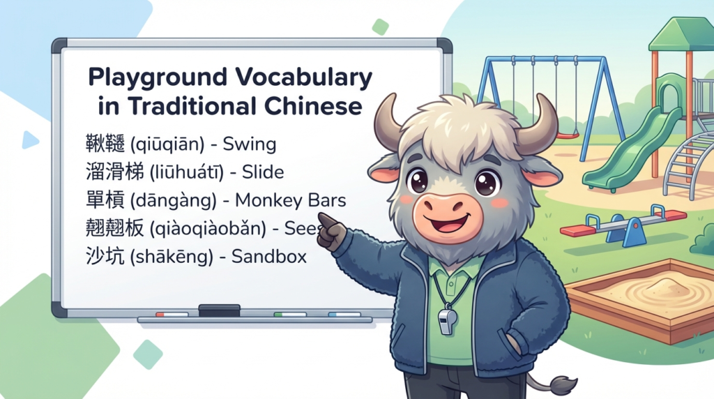 A personified yak teacher pointing to a whiteboard that says Playground Vocabulary in Traditional Chinese.