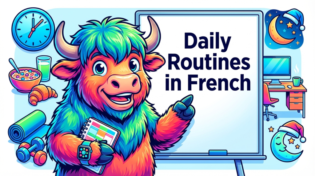 A yak teacher pointing to a whiteboard that displays the article title “French Daily Routines 70+ Useful Words & Phrases