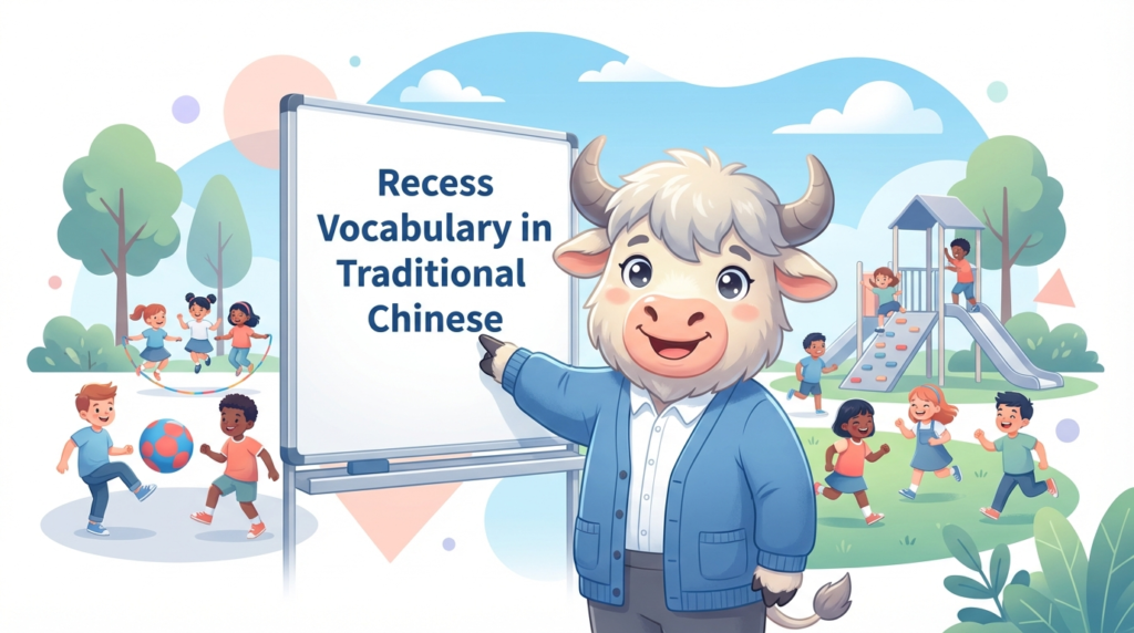 A personified yak teacher pointing to a whiteboard that says Recess Vocabulary in Traditional Chinese.