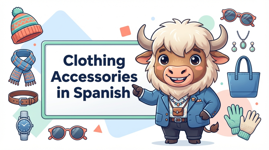 A friendly yak teacher points to a whiteboard that reads Clothing Accessories in Spanish