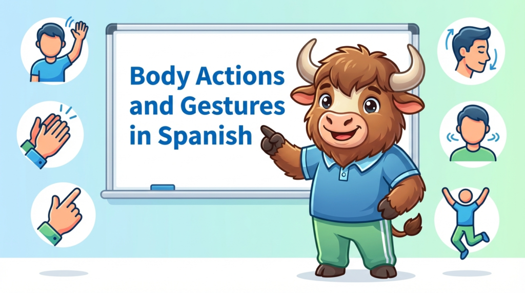A friendly yak teacher points at a whiteboard that reads Body Actions & Gestures in Spanish