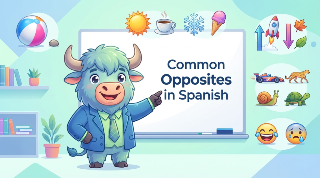 A yak teacher pointing to a whiteboard that displays Opposites in Spanish
