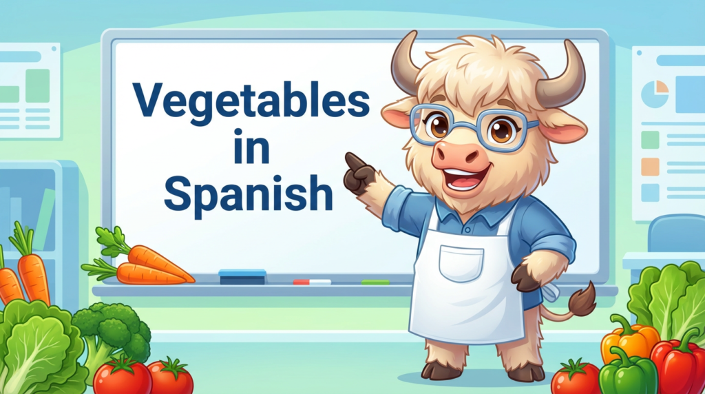 A friendly yak teacher pointing to a whiteboard that displays Vegetables in Spanish