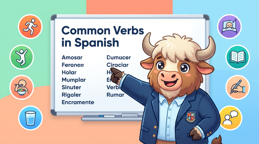 A yak teacher pointing to a whiteboard that displays Common Spanish Verbs