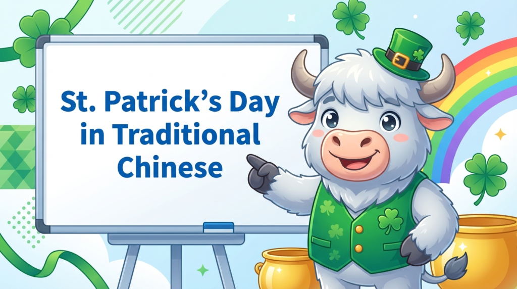 A personified yak teacher pointing to a whiteboard that says St. Patrick's Day in Traditional Chinese