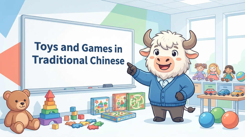 A personified yak teacher pointing to a whiteboard that says Toys and Games in Traditional Chinese.