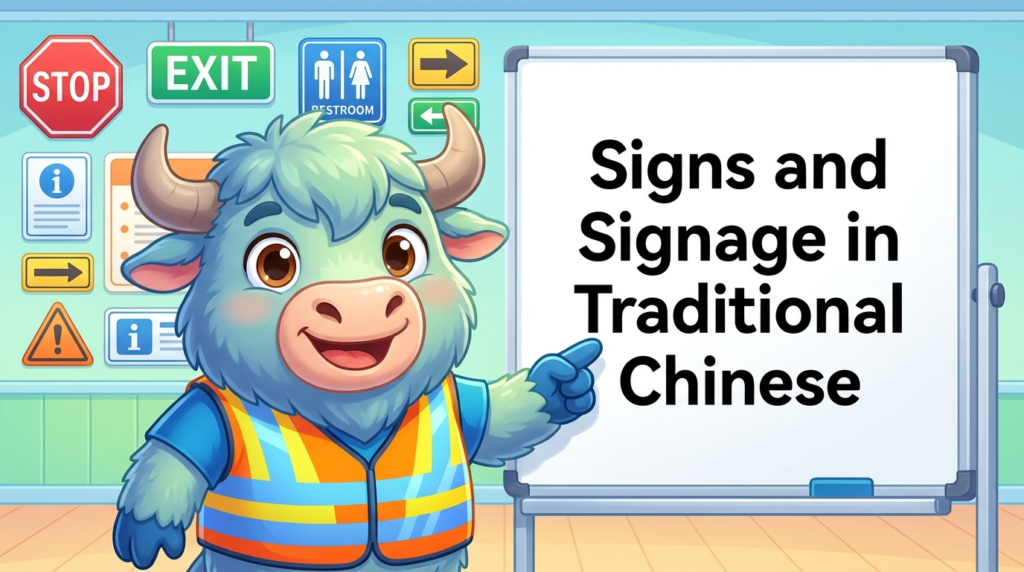 A personified yak teacher pointing to a whiteboard that says Traditional Chinese Signs and Signage.