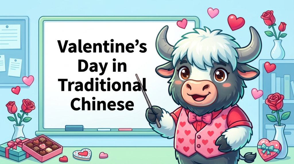 A personified yak teacher pointing to a whiteboard that says Valentine’s Day in Traditional Chinese.