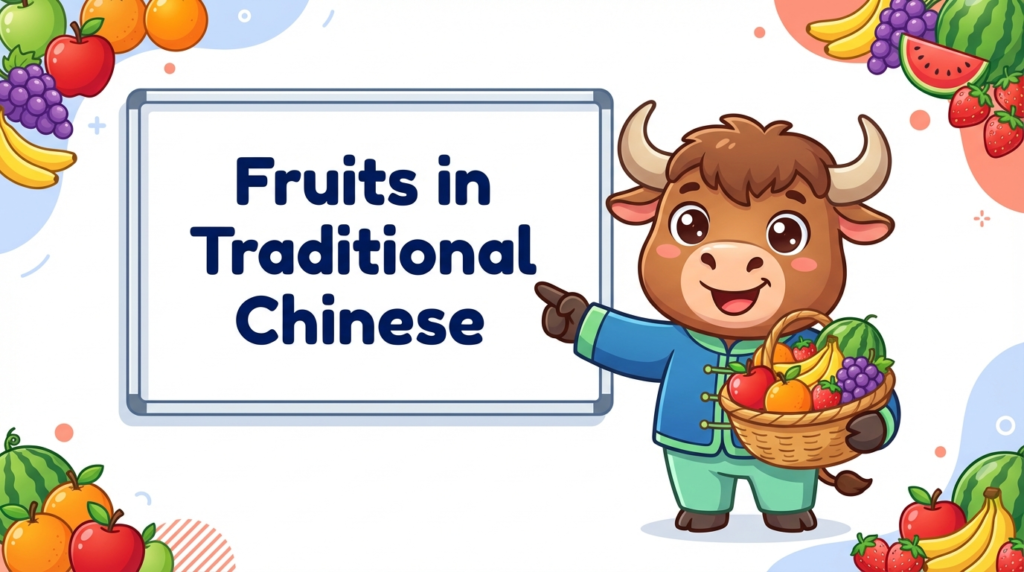 A yak teaches Traditional Chinese, pointing to a whiteboard that says Fruits in Traditional Chinese