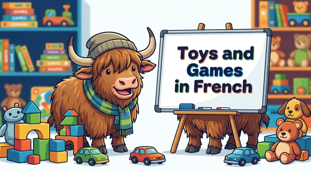 A yak teacher pointing to a whiteboard that displays Toys and Games in French