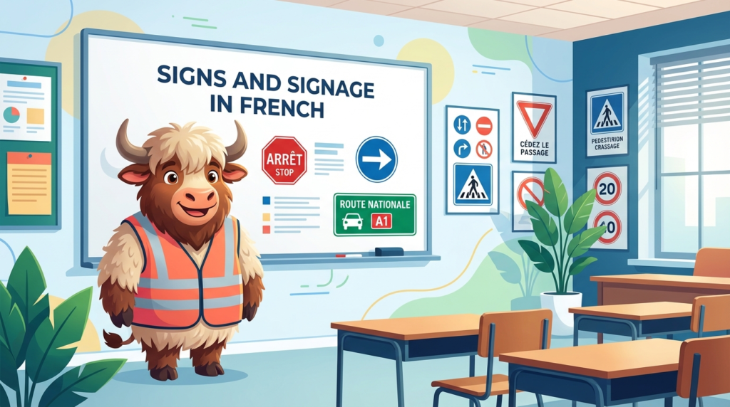A yak teacher pointing to a whiteboard that displays French Signs & Signage