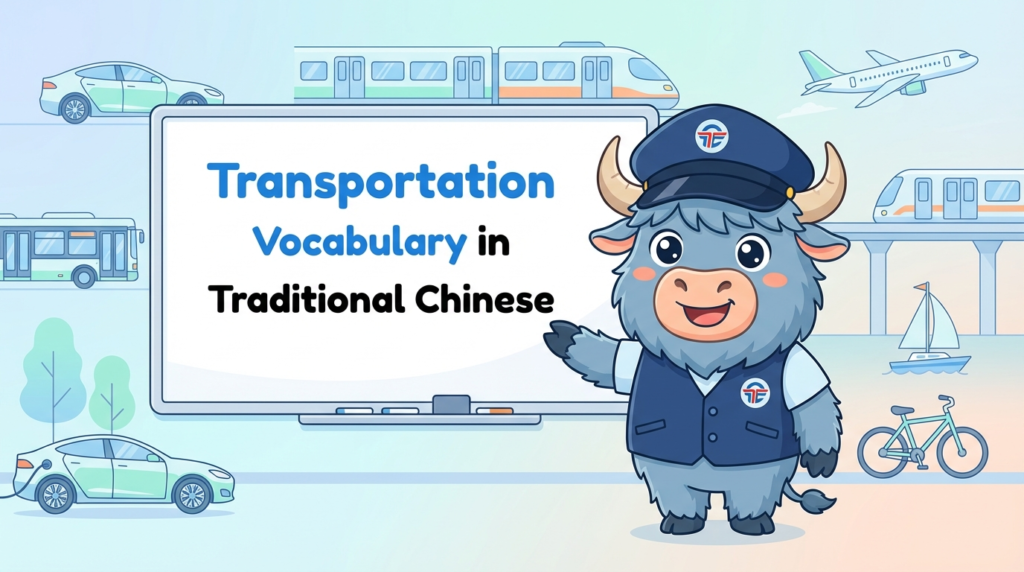 A personified yak teacher pointing to a whiteboard that says Transportation Vocabulary in Traditional Chinese.