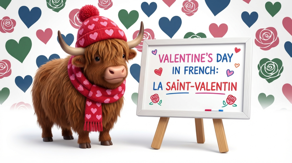A yak teacher pointing to a whiteboard that displays the article title: Valentine’s Day in French